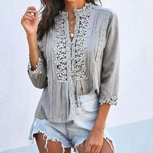 Gray Bohemian Lace Crochet Button Front Blouse